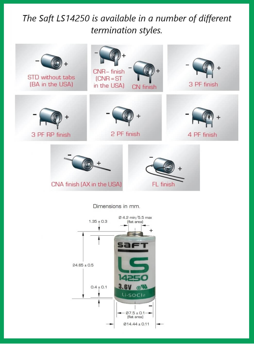 Saft ls14250, 1/2 AA 1200mah 3.6V lithium battery